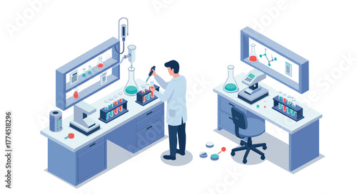 Isometric laboratory scene with scientist conducting experiments in modern lab