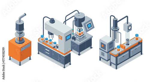Isometric manufacturing equipment in modern factory setting
