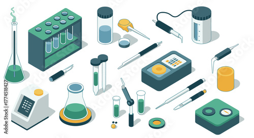 Isometric lab equipment set featuring scientific tools and instruments