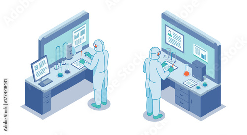 Scientists in lab with protective gear analyzing data and conducting experime…