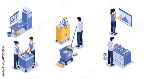 Office cleaning and maintenance in isometric style: team at work ensuring hyg…