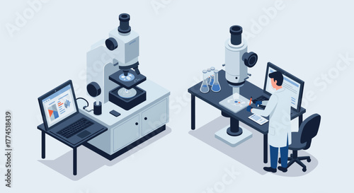 Isometric laboratory scene with scientist using microscopes and laptop