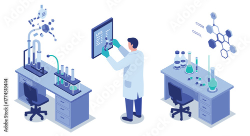 Modern isometric science lab with chemist analyzing data