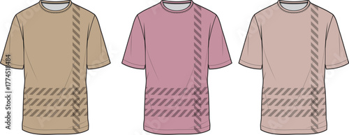 Three different colored t-shirts with striped design details