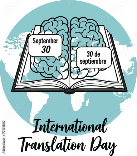 International translation day concept open book brain world map symbols september 30 celebration knowledge communication global understanding vector