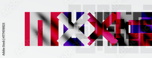 Abstract graphic design features bold text fragments. Colors include red, purple, white, gray. Composition appears fragmented, modern.