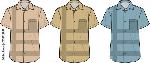 Vector illustration of men's casual short-sleeved shirts. Three color variations of a classic button-up design with a spread collar and chest pocket, perfect for summer apparel