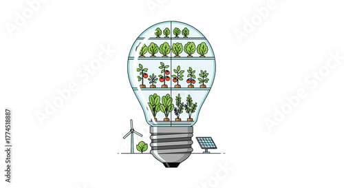 Lightbulb filled with plants and renewable energy sources, Generative AI.