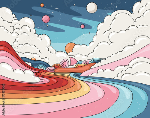 Abstract Fantasy Landscape with Whimsical Planets, Fluffy Clouds and 3d Style Rainbow Path and Wavy Shaped Mountains Vector Poster Background