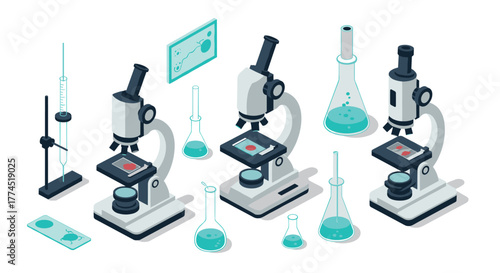 Isometric microscope laboratory equipment with chemical glassware icons for s…