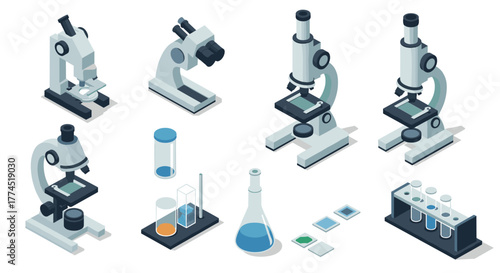 Isometric microscope and laboratory equipment collection for scientific research