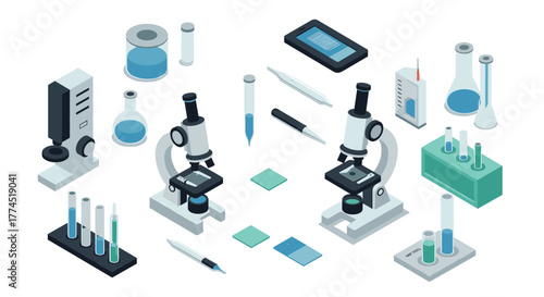 Isometric laboratory equipment set with microscopes and scientific instruments