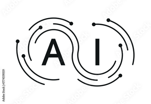 Artificial intelligence logo on white background. Artificial intelligence and rotating electronic lines