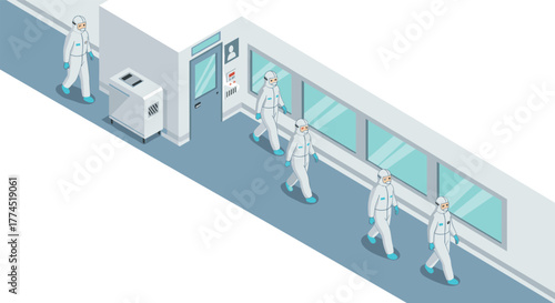 Scientists in isometric clean room environment wearing protective suits