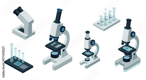 Isometric microscopes and test tubes for scientific research and laboratory use