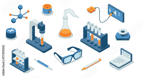 Isometric chemistry lab equipment: beakers, test tubes, and more in modern de…