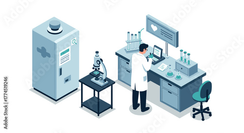 Isometric laboratory scene: scientist working with equipment in modern medica…