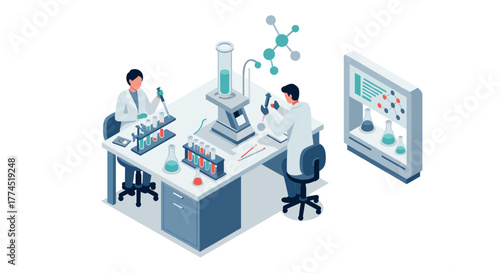 Scientists conducting experiments in modern isometric laboratory setting