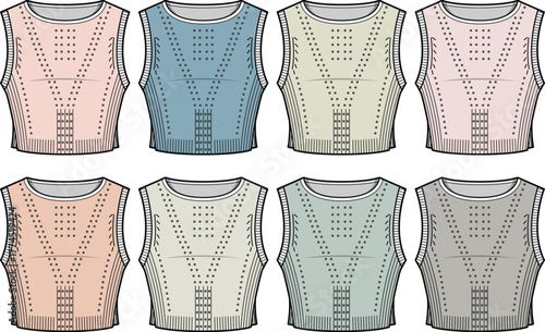 Collection of Fashion Design Illustrations of Sleeveless Tops in Various Pastel Colors and Textures