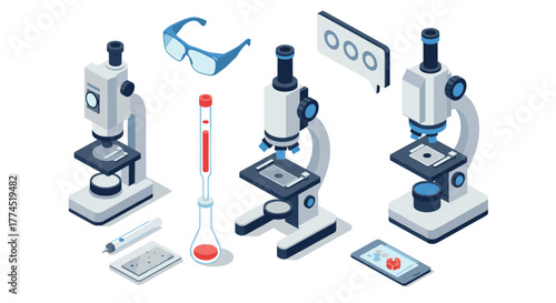 Isometric microscope lab equipment with test tubes and glasses