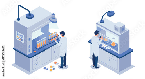 Scientists in laboratory performing experiments with test tubes and equipment…