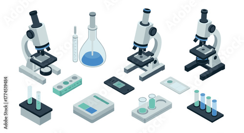 Isometric set of laboratory equipment with microscopes and glassware for scie…