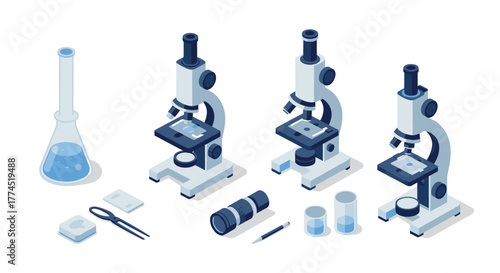 Isometric laboratory equipment with microscopes and chemistry tools