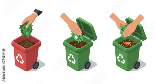 Isometric hands sorting waste into compost bins for recycling awareness