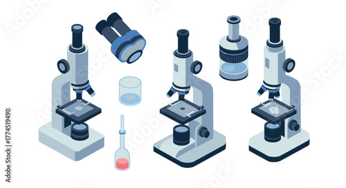 Isometric microscopes and laboratory equipment set featuring glassware and le…