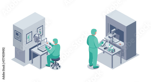 Isometric lab scene with scientists operating 3d printers and analyzing data