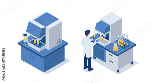 Isometric design of laboratory equipment with scientist conducting experiments