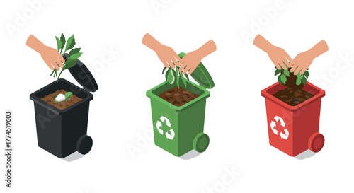 Recycling bins with hands disposing waste in isometric style
