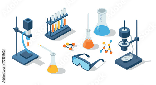 Isometric laboratory equipment with molecule models and test tubes