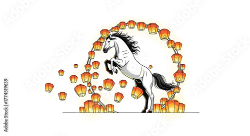 Majestic white horse rearing up amidst a cascade of glowing sky lanterns, Generative AI.