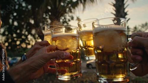 Friends Celebrate With Drinks at Sunset by Palm Trees in a Lively Outdoor Setting