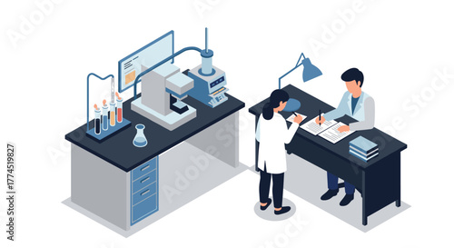 Modern laboratory researchers working with advanced equipment in isometric de…