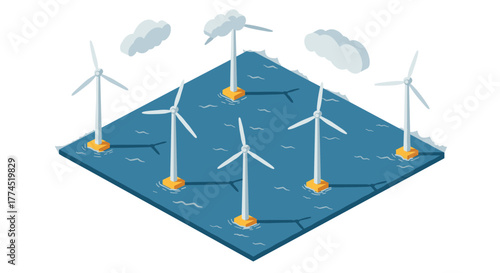 Isometric offshore wind turbines in ocean with clouds and waves