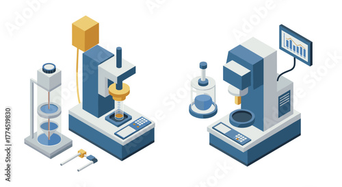 Modern isometric laboratory equipment with analytical machines and graph display