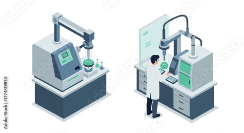 Isometric laboratory scene with scientist operating 3d printing equipment