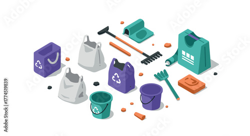Isometric eco-friendly cleaning tools with recycling bags and supplies