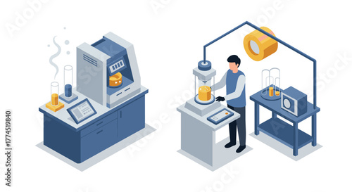 Isometric lab equipment and scientist conducting scientific experiment in mod…