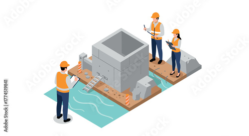 Construction site planning with engineers in hard hats on isometric terrain