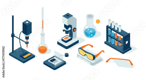 Laboratory equipment icons featuring microscopes and beakers in isometric style
