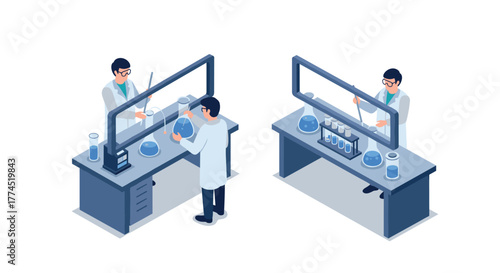 Isometric science lab: researchers conducting experiments with equipment