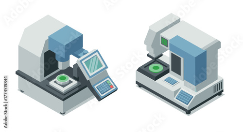 Isometric cnc machine set with displays and control panels