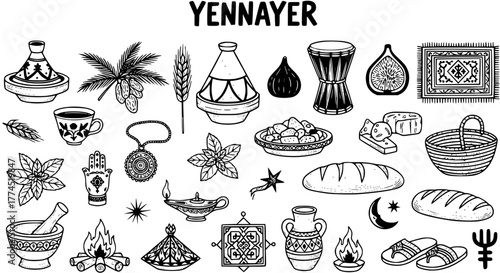 Yennayer Berber New Year Cultural Icons Collection. Traditional North African symbols, food, crafts, and festive elements in black and white line art illustrations.