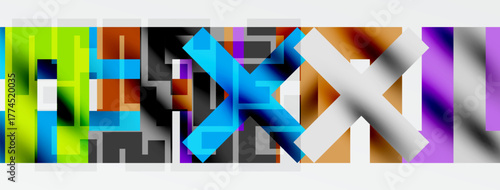 Abstract geometric composition. Bright colors intersect, creating complex patterns. Modern digital art, vibrant hues dominate.