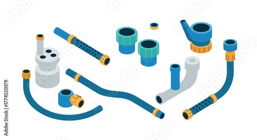 Isometric plumbing components with blue and yellow details on white background