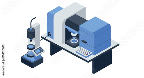 Isometric 3d printer and cnc machine setup in blue and gray tones