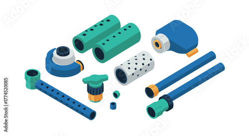 Isometric plumbing parts set with pipes and connectors for 3d diagrams and wa…